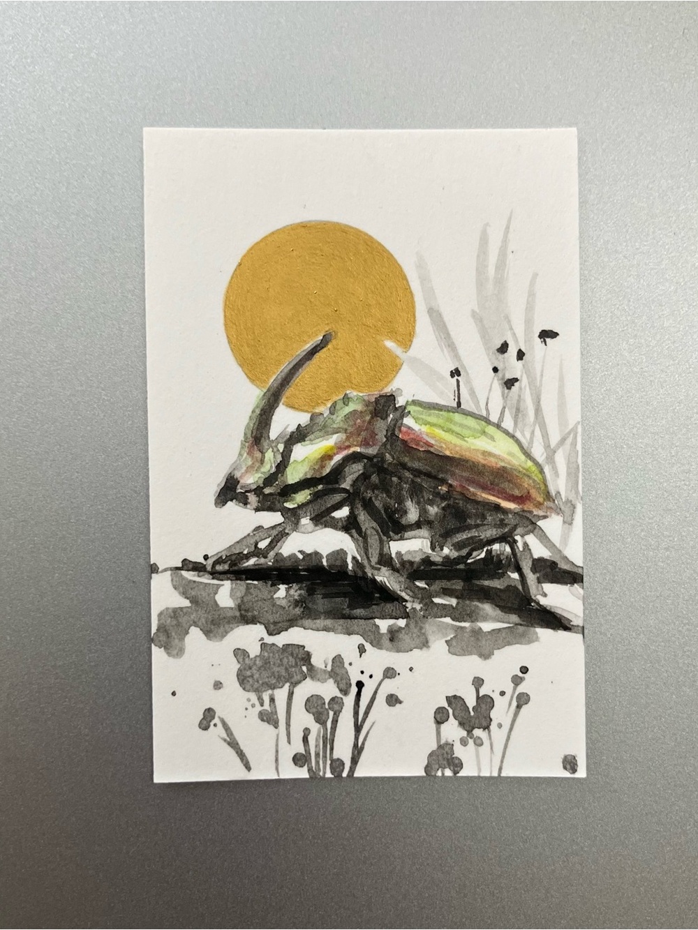 Original scarab beetle painting miniature realism art sumi-e style ink gift